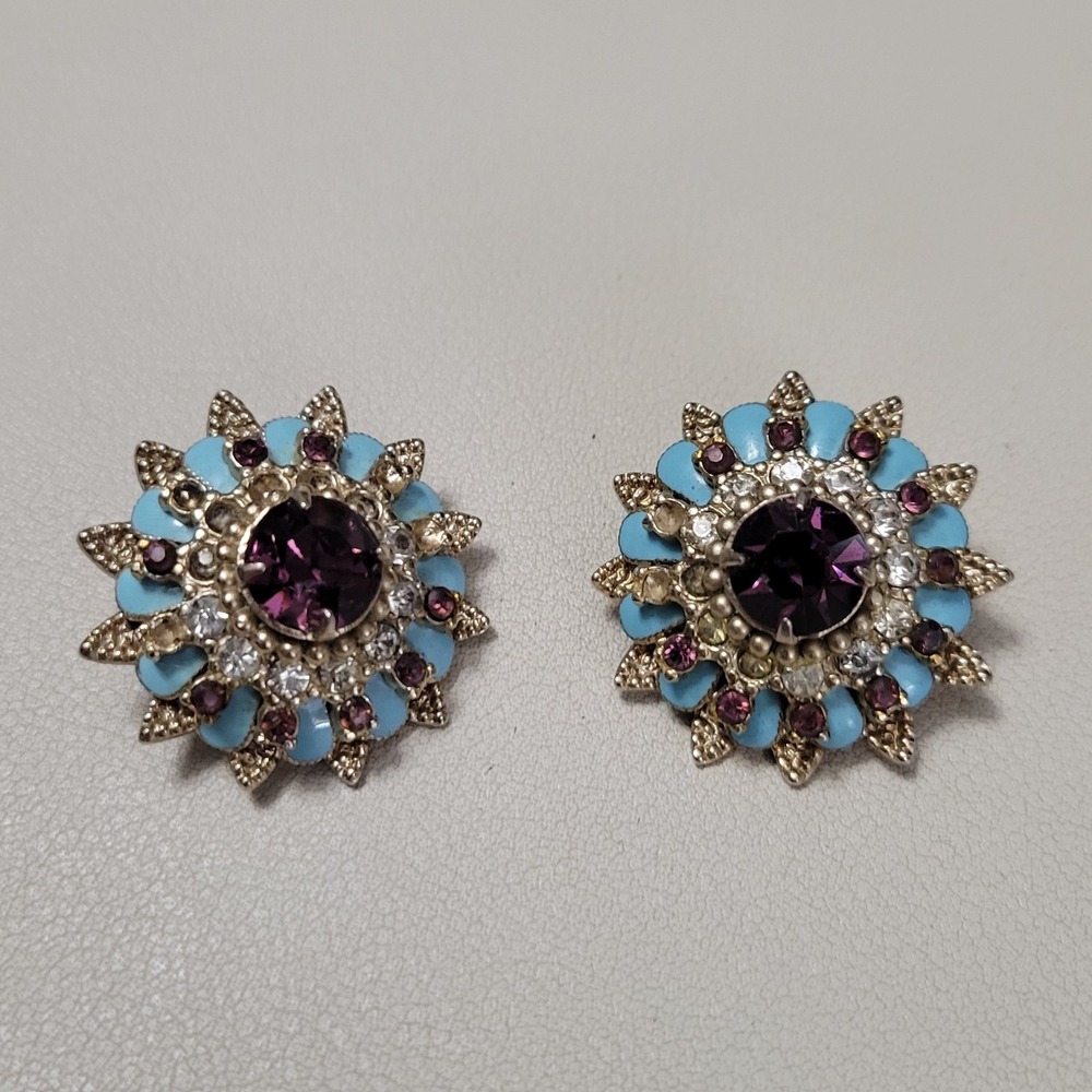 Vintage CORO Signed Pair Gold & Purple Rhinestone Blue Enamel Scatter Pins AS IS - Picture 1 of 4